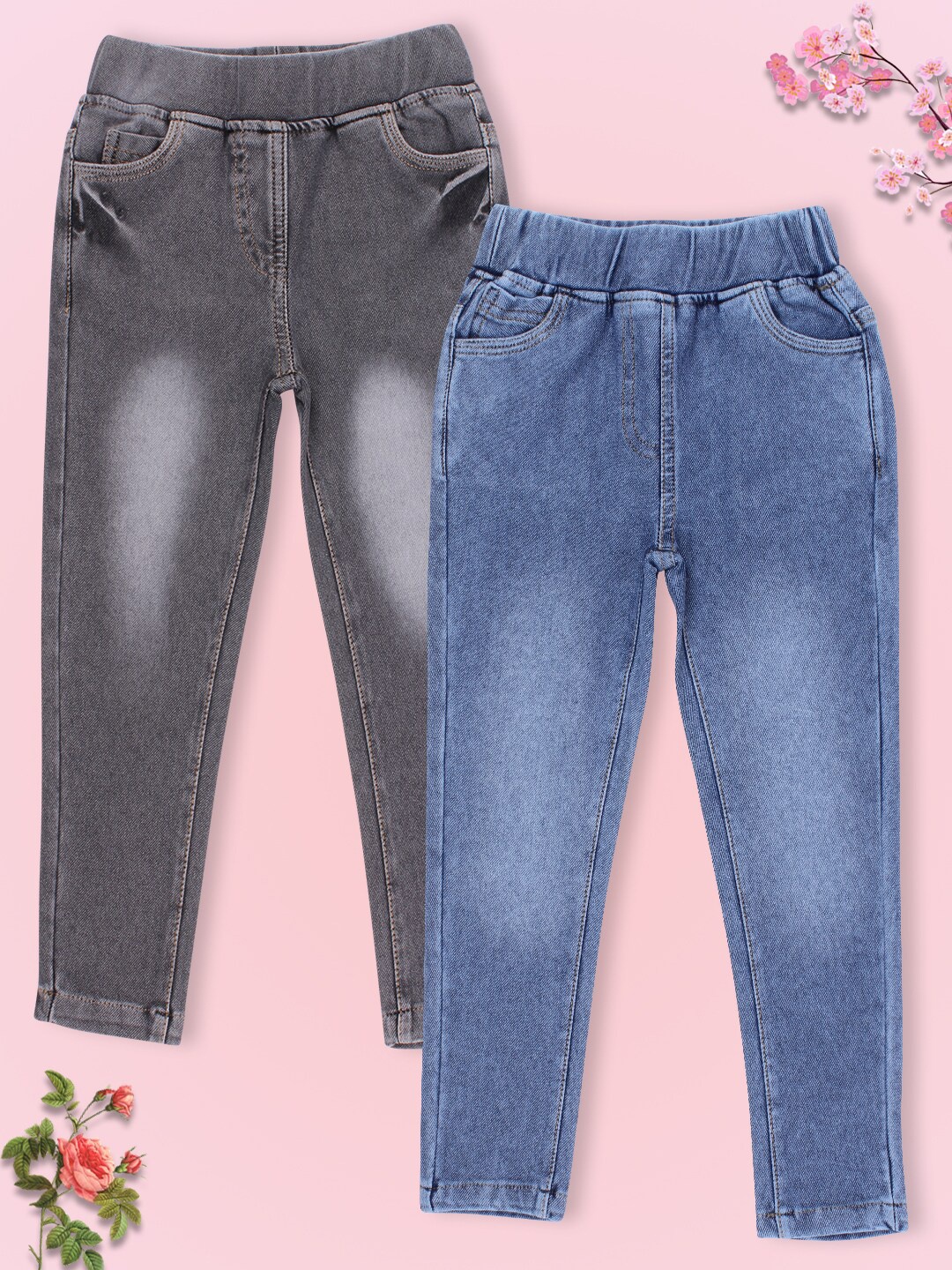 

CUTECUMBER Girls Grey & Blue Pack of 2 Solid Regular-Fit Cotton Jeggings