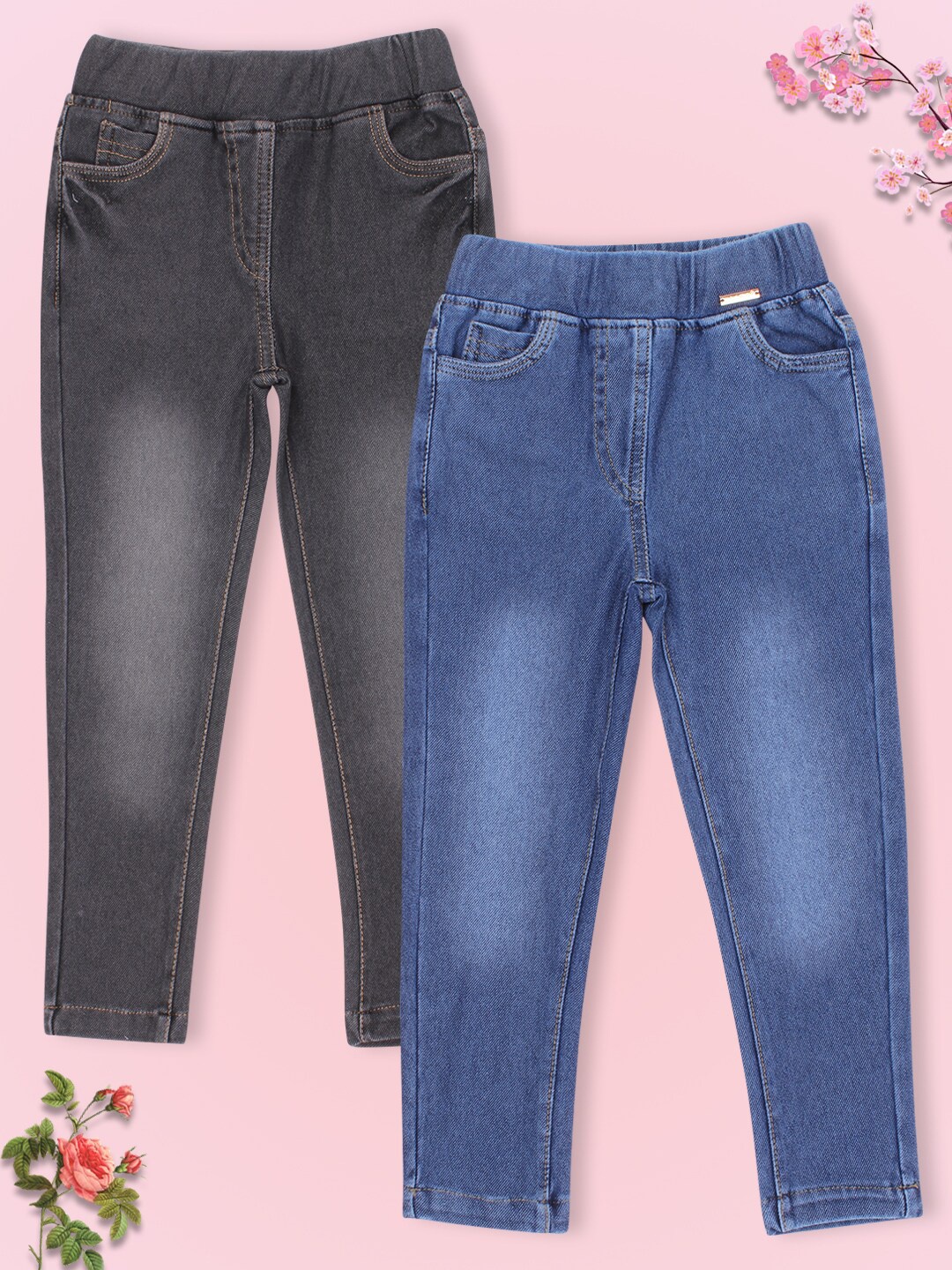 

CUTECUMBER Girls Pack Of 2 Grey & Blue Solid Denim Jeggings