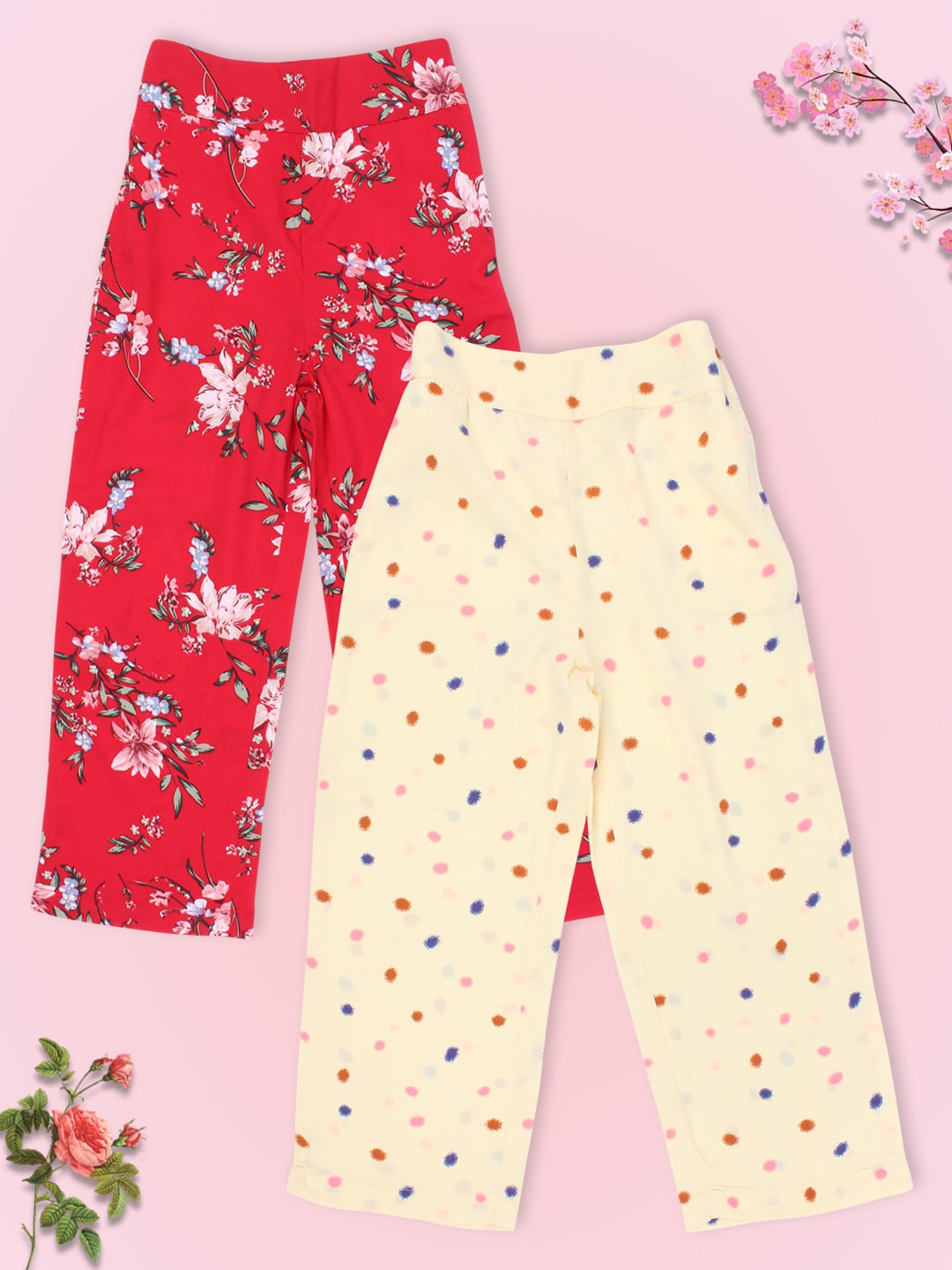 

CUTECUMBER Girls Set of 2 Red & Cream-Coloured Floral Printed Smart Culottes Trousers