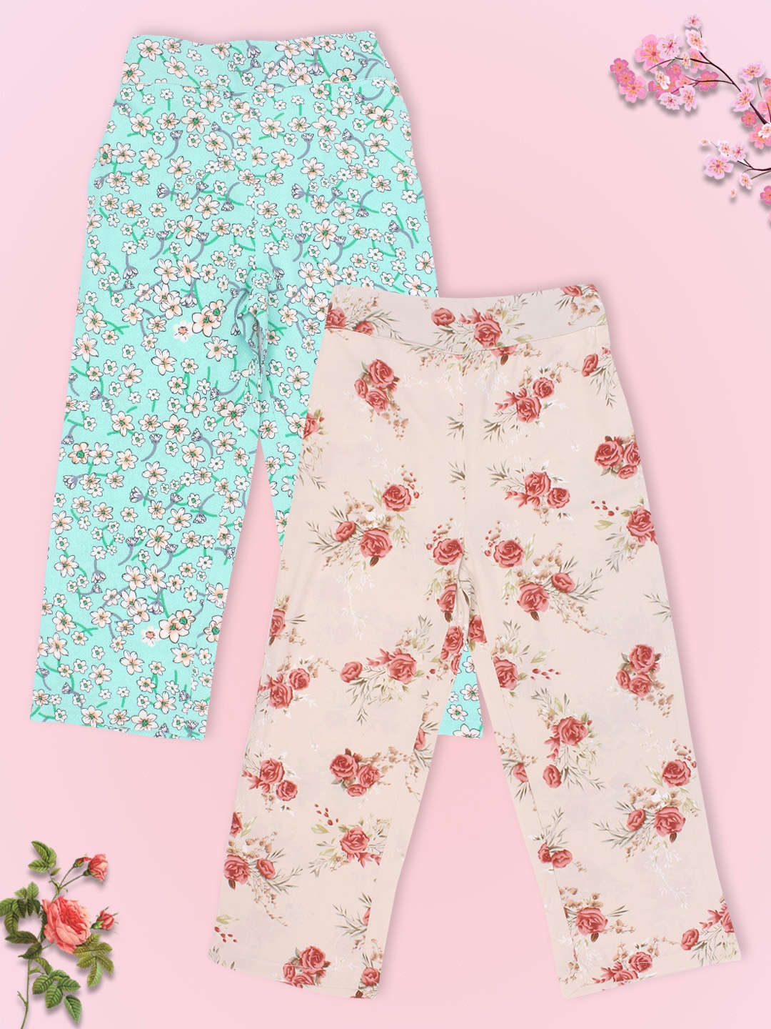 

CUTECUMBER Girls Green & Cream Set Of 2 Floral Printed Smart Culottes