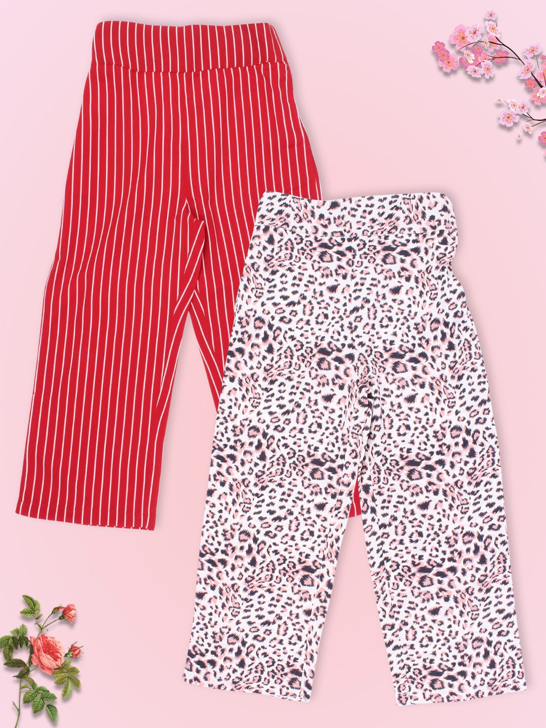 

CUTECUMBER Girls Set of 2 Red & White Floral Printed Smart Culottes Trousers