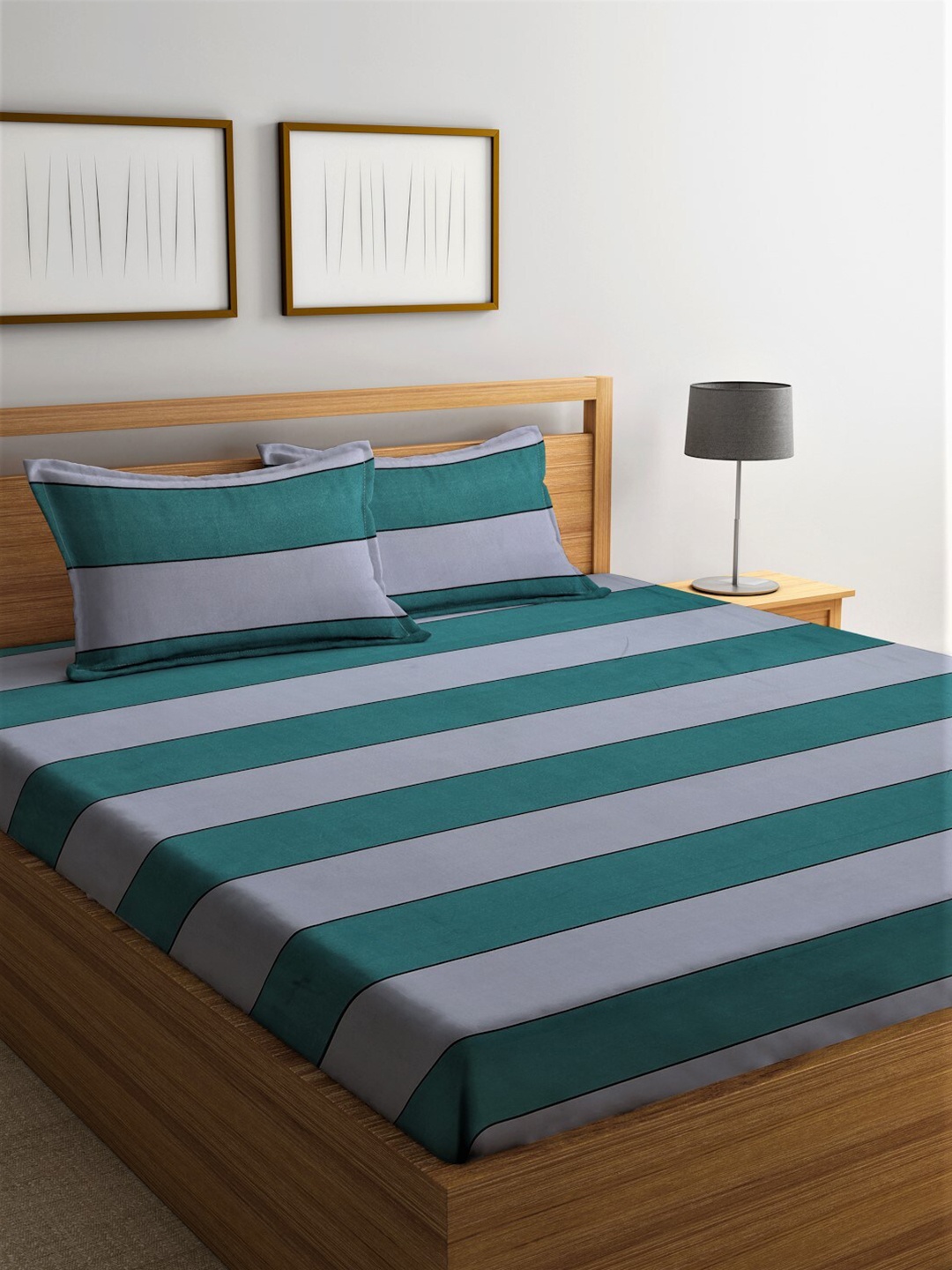 

Home Sizzler Green & Grey Striped 210 TC Cotton King Bedsheet with 2 Pillow Covers