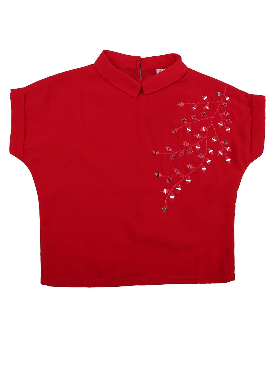 

V-Mart Red Geometric Embroidered Placement Print Top