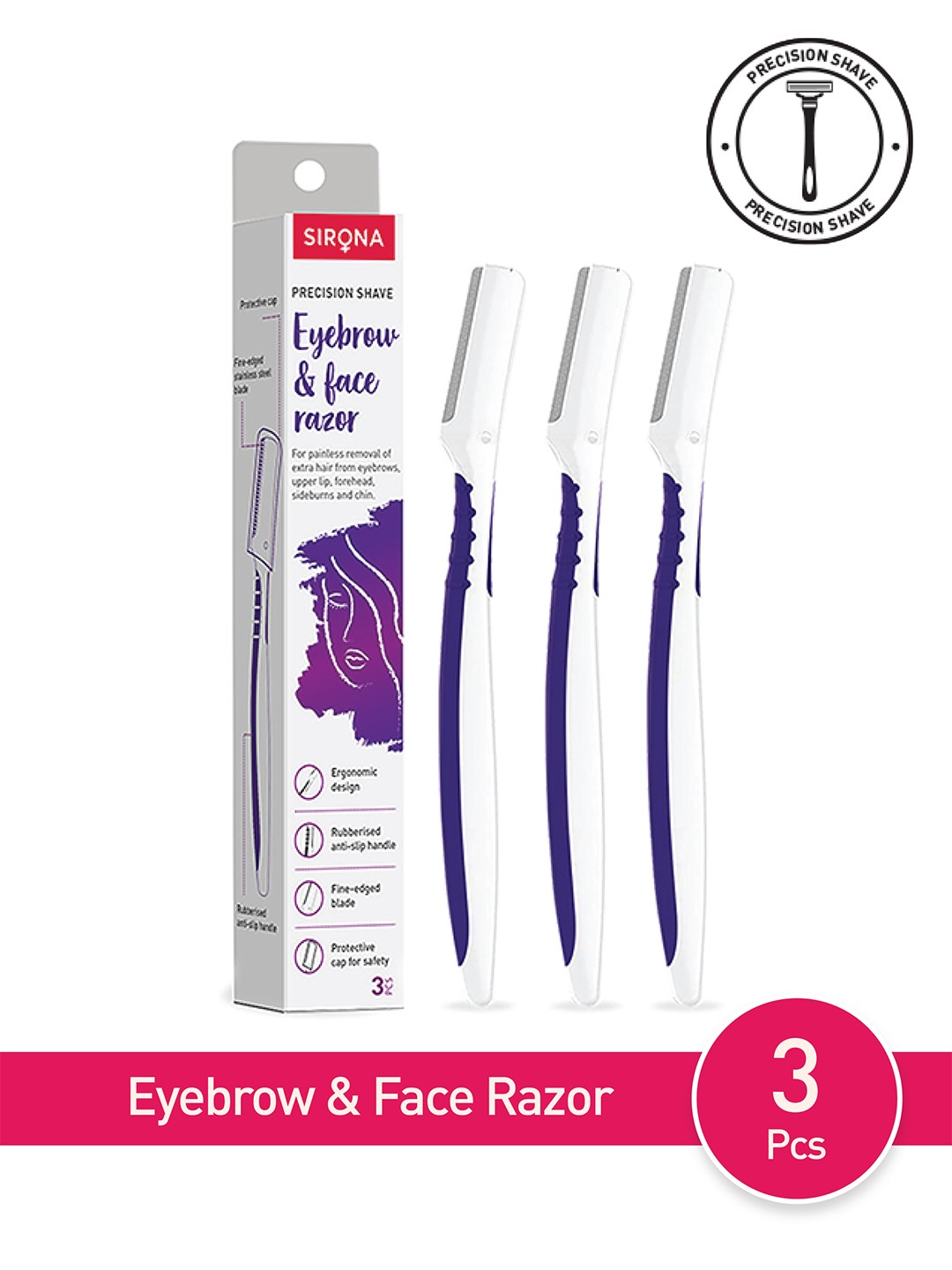 

Sirona Set of 3 Eyebrow & Face Razors - White & Violet