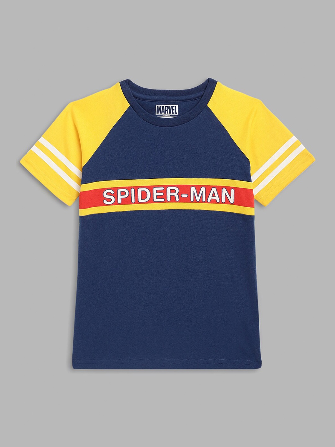 

Blue Giraffe Boys Blue & Yellow Typography Spider-Man Printed T-shirt