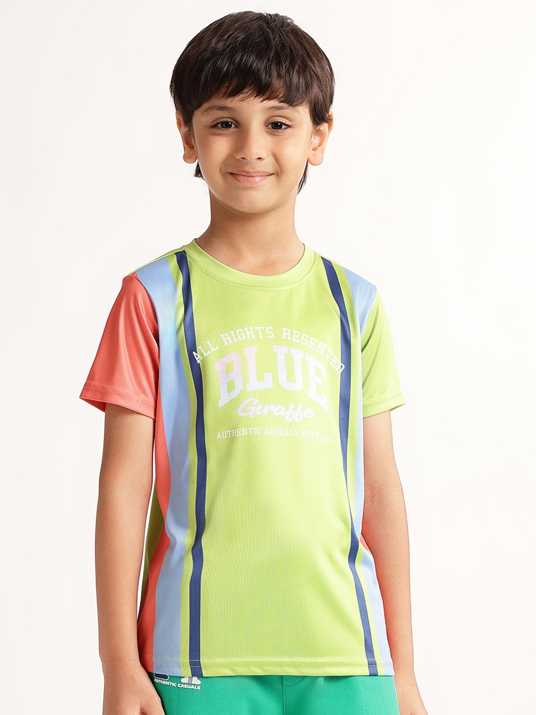 Blue Giraffe Boys Multicoloured Typography Striped T-shirt, Multi