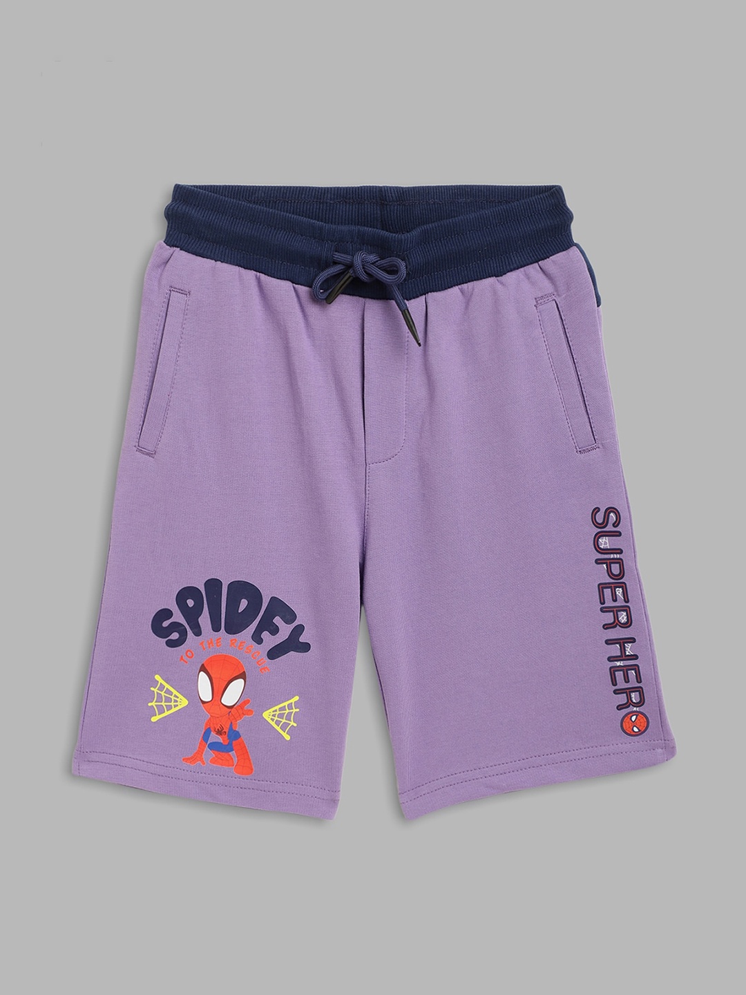 

Blue Giraffe Boys Purple Spider-Man Printed Cotton Shorts