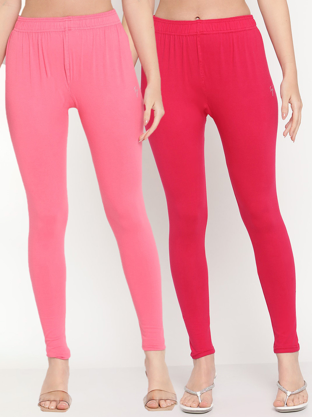 

TAG 7 Women Pack Of 2 Solid Comfort-Fit Ankle-Length Leggings 98% Cotton, Pink
