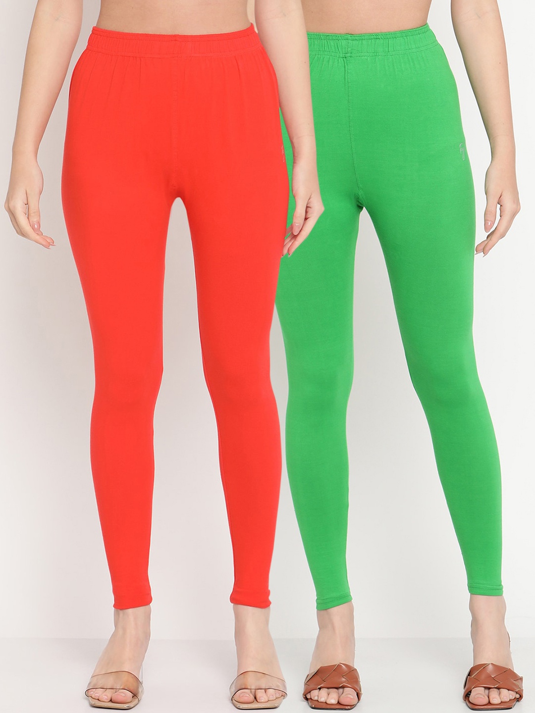 

TAG 7 Women Pack Of 2 Green & Orange Solid Comfort Fit Ankle-Length Leggings