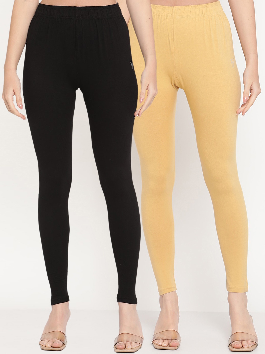 

TAG 7 Women Pack Of 2 Black & Beige Solid Comfort-Fit Ankle-Length Leggings
