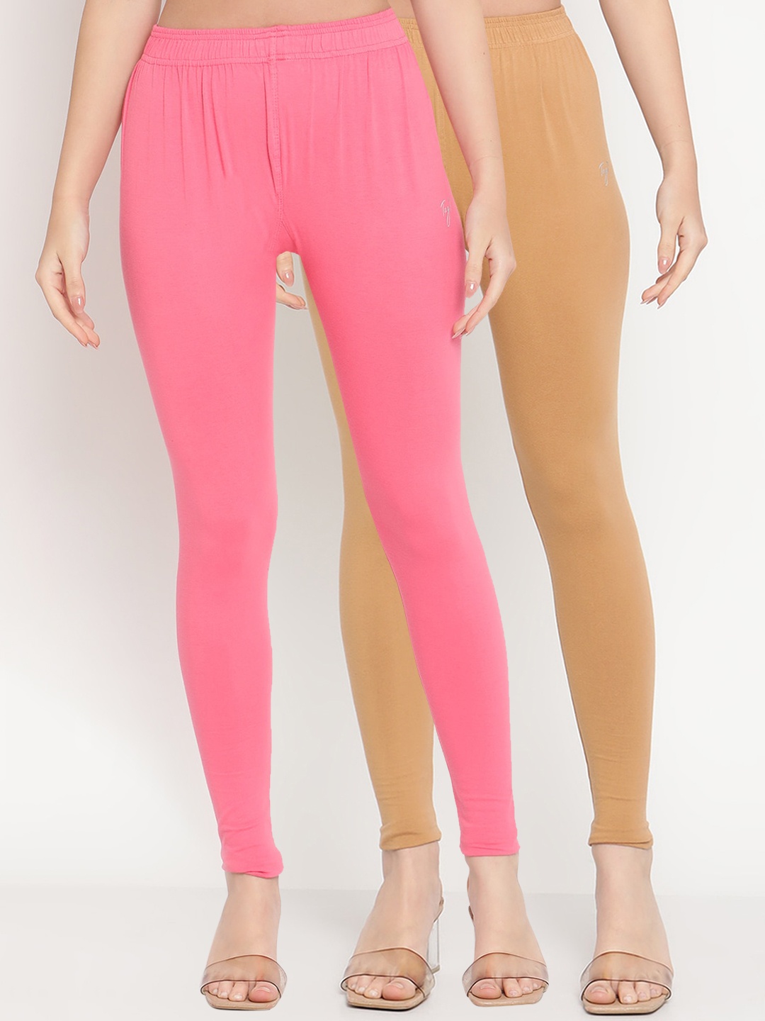 

TAG 7 Women Pack Of 2 Pink and Beige Solid Comfort-Fit Ankle-Length Leggings