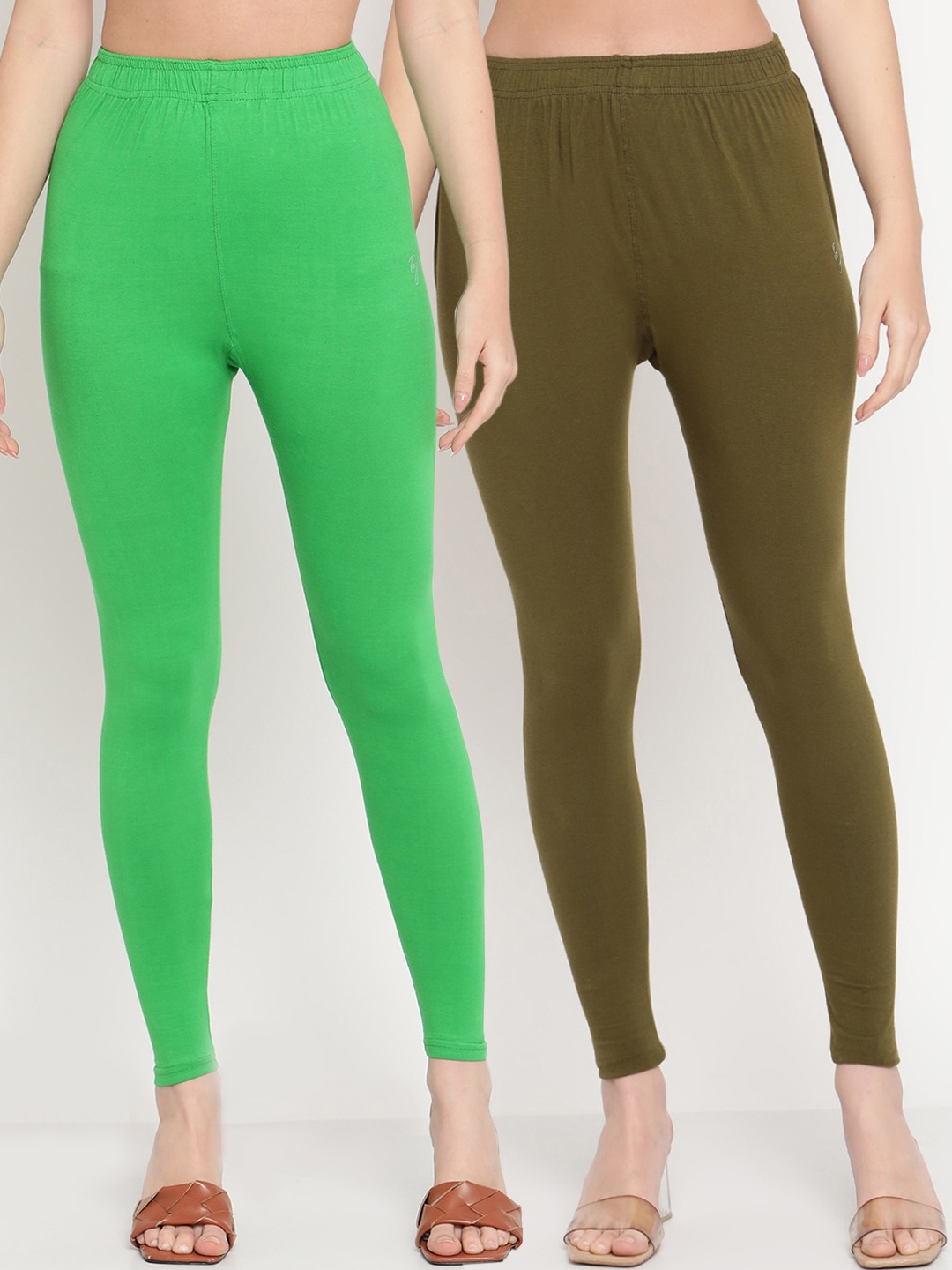 

TAG 7 Women Pack Of 2 Solid Comfort Fit Ankle-Length Cotton Leggings, Green