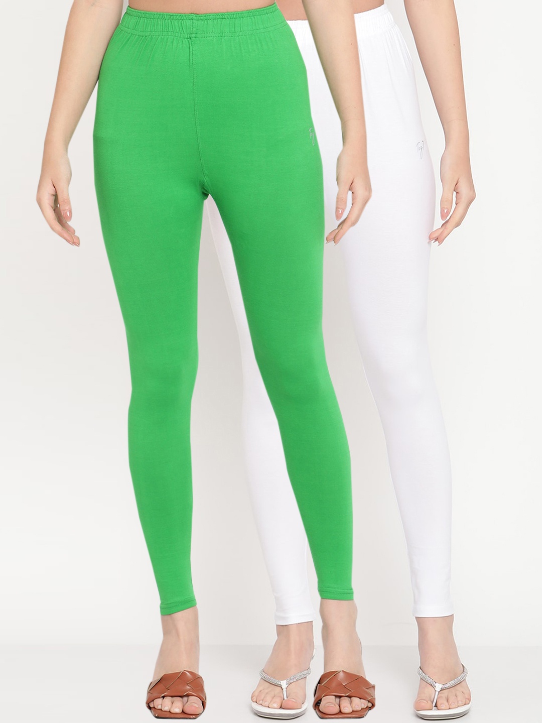 

TAG 7 Women Pack of 2 Green & White Solid Comfort-Fit Ankle-Length Leggings