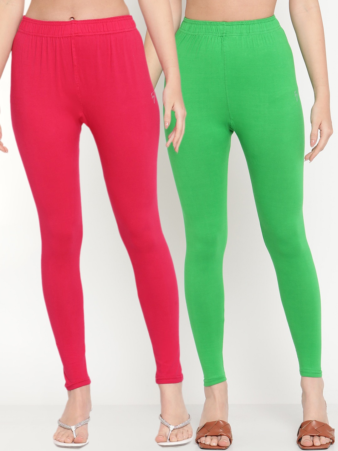 

TAG 7 Women Pack Of 2 Solid Comfort-Fit Ankle-Length Leggings, Green