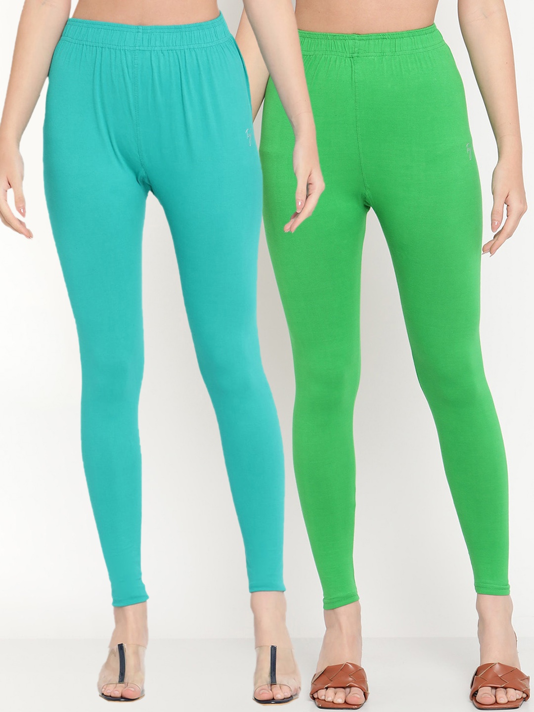 

TAG 7 Women Pack Of 2 Green & Turquoise Blue Solid Comfort-Fit Ankle-Length Leggings