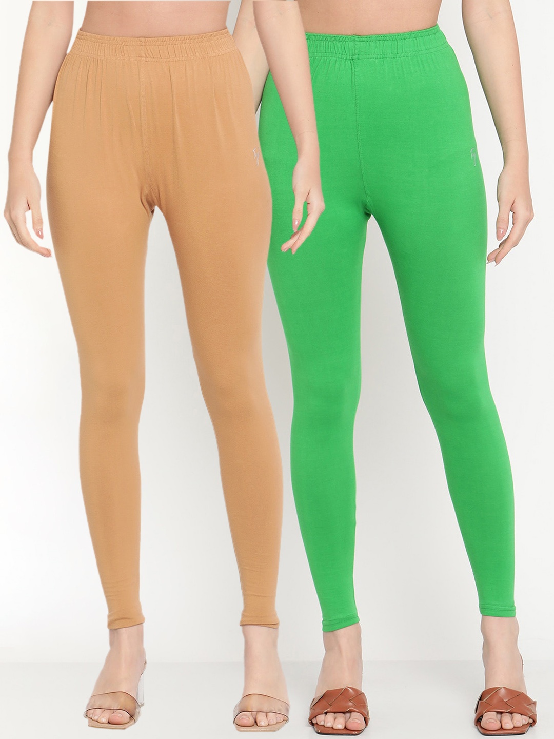 

TAG 7 Women Pack Of 2 Solid Comfort Fit Ankle-Length Cotton Leggings, Nude