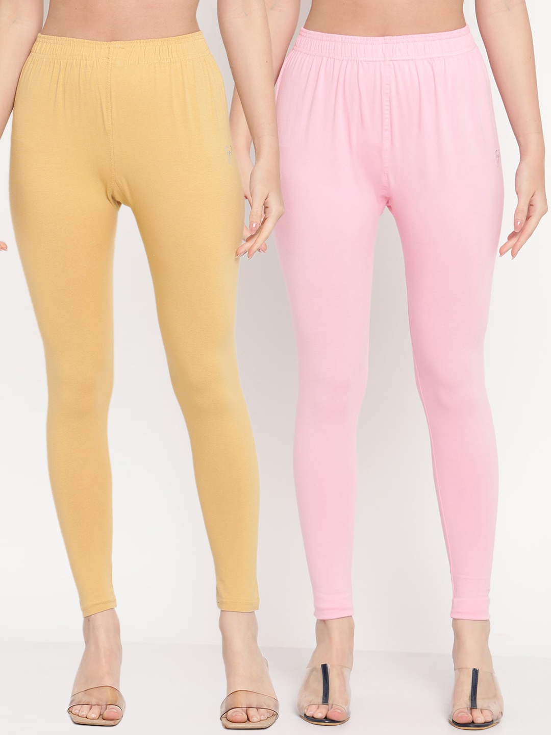 

TAG 7 Women Beige and Pink Pack Of 2 Solid Comfort-Fit Ankle-Length Leggings