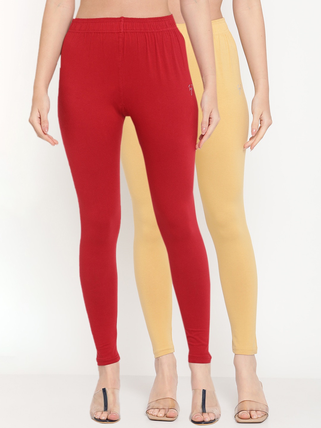 

TAG 7 Women Pack Of 2 Solid Comfort-Fit Ankle-Length Leggings 98% Cotton, Beige
