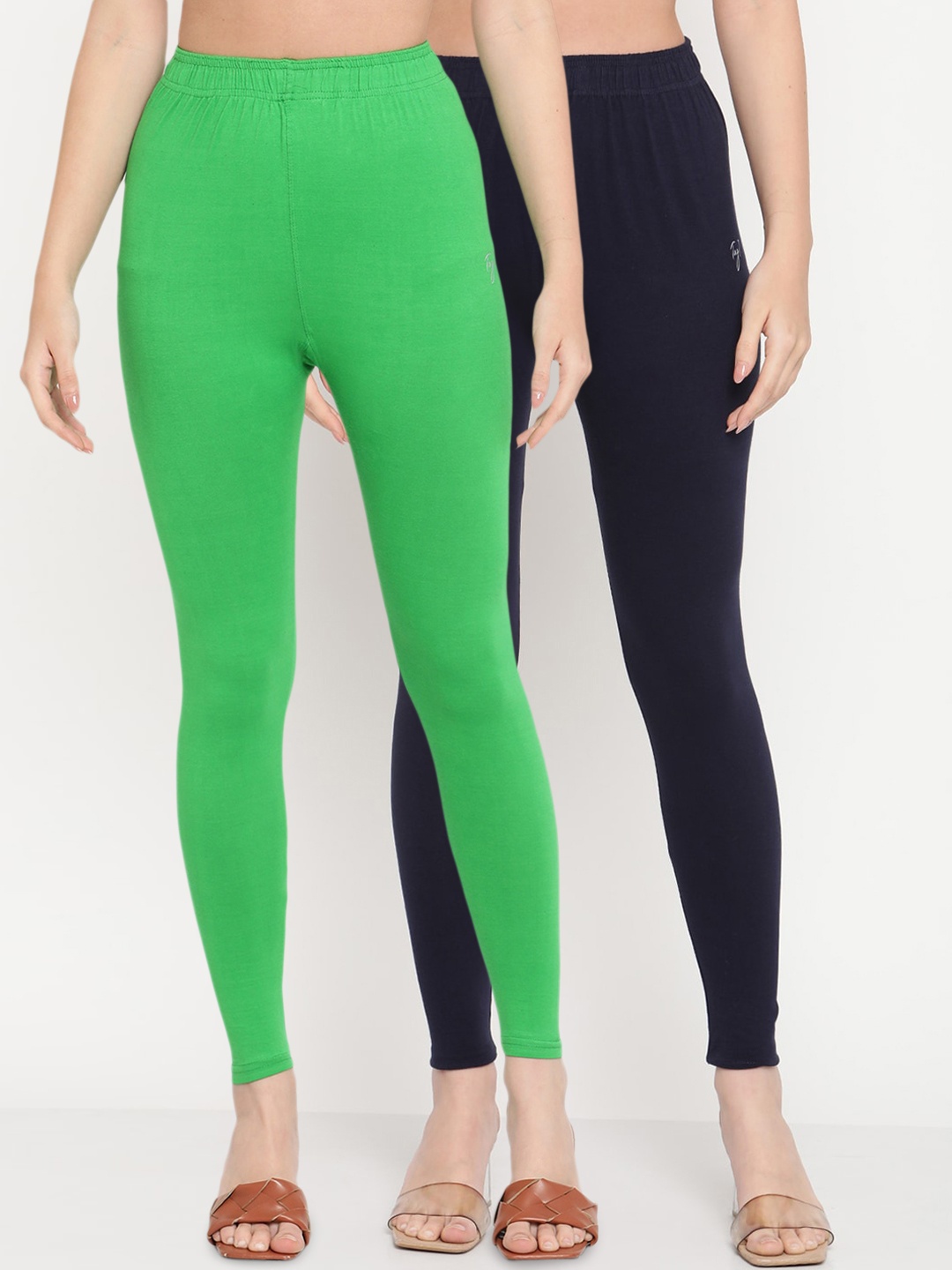 

TAG 7 Women Green & Navy Blue Pack of 2 Solid Comfort Fit Ankle Length Leggings