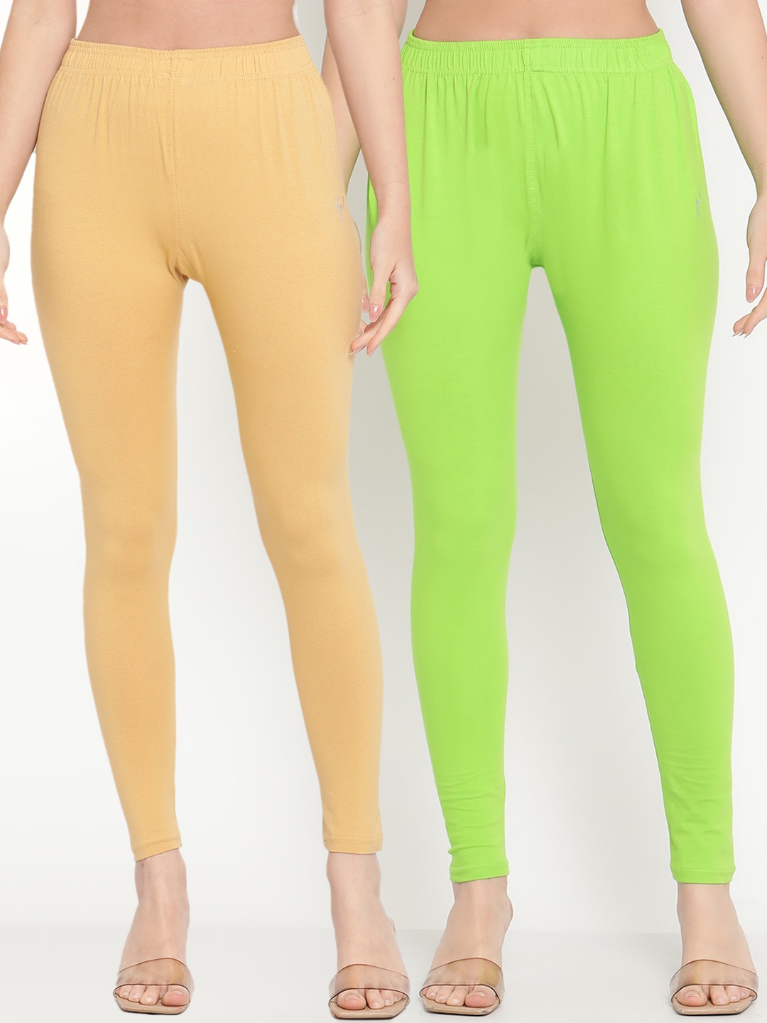 

TAG 7 Women Pack Of 2 Beige & Green Solid Comfort-Fit Ankle-Length Leggings