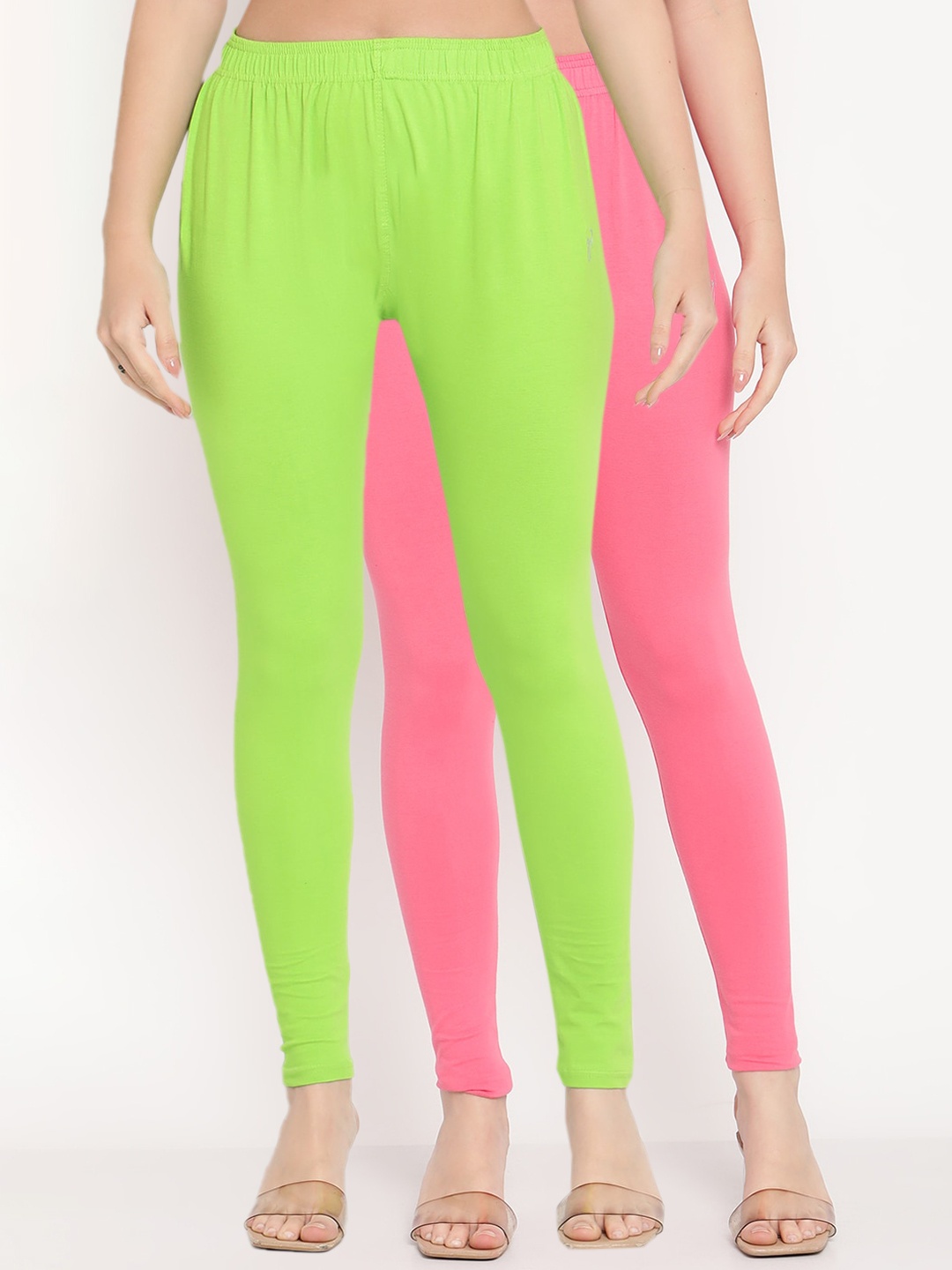 

TAG 7 Women Pack Of 2 Pink and Green Solid Comfort-Fit Ankle-Length Leggings