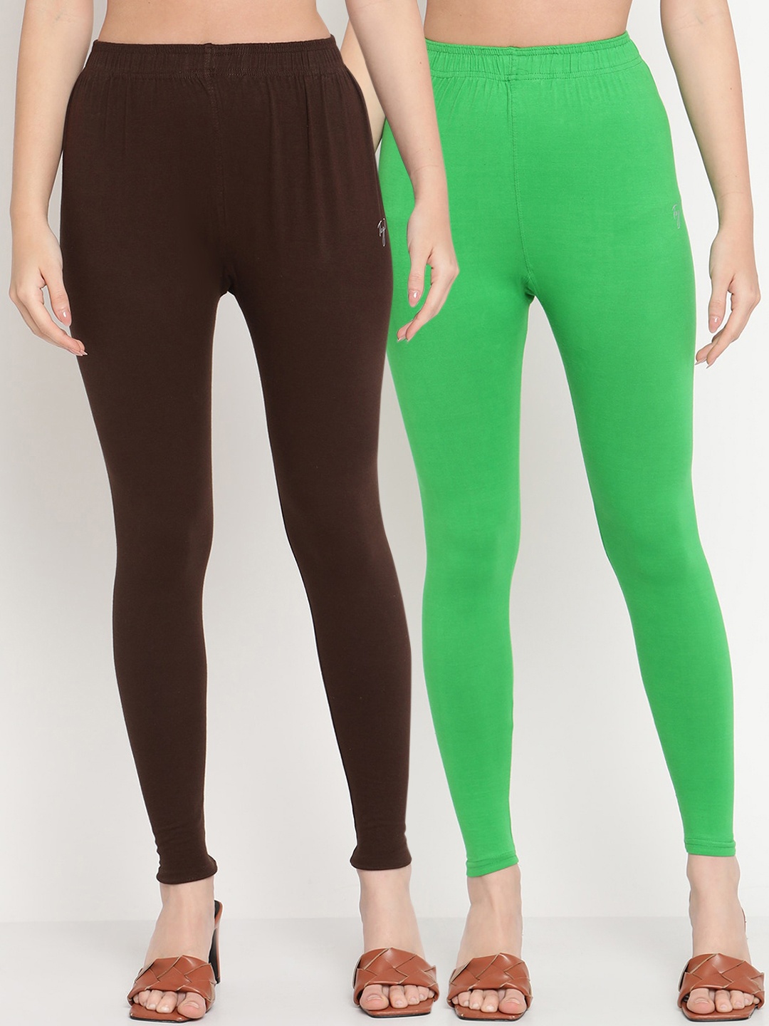 

TAG 7 Women Pack Of 2 Solid Comfort-Fit Ankle-Length Leggings, Green