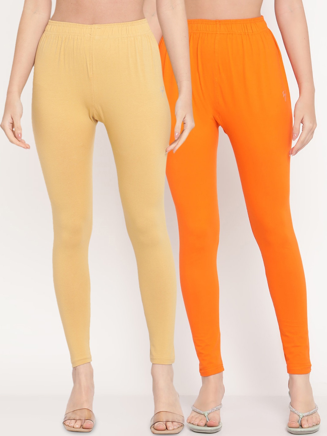 

TAG 7 Women Pack Of 2 Beige & Orange Solid Comfort-Fit Ankle-Length Leggings