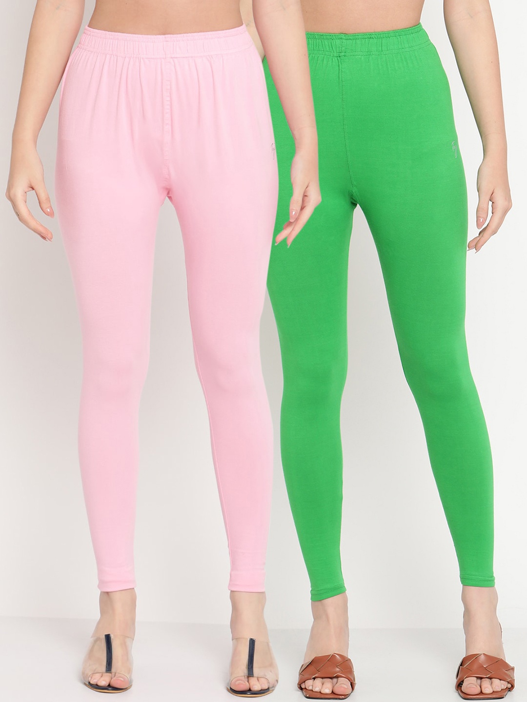 

TAG 7 Women Pack Of 2 Solid Comfort-Fit Ankle-Length Leggings, Green