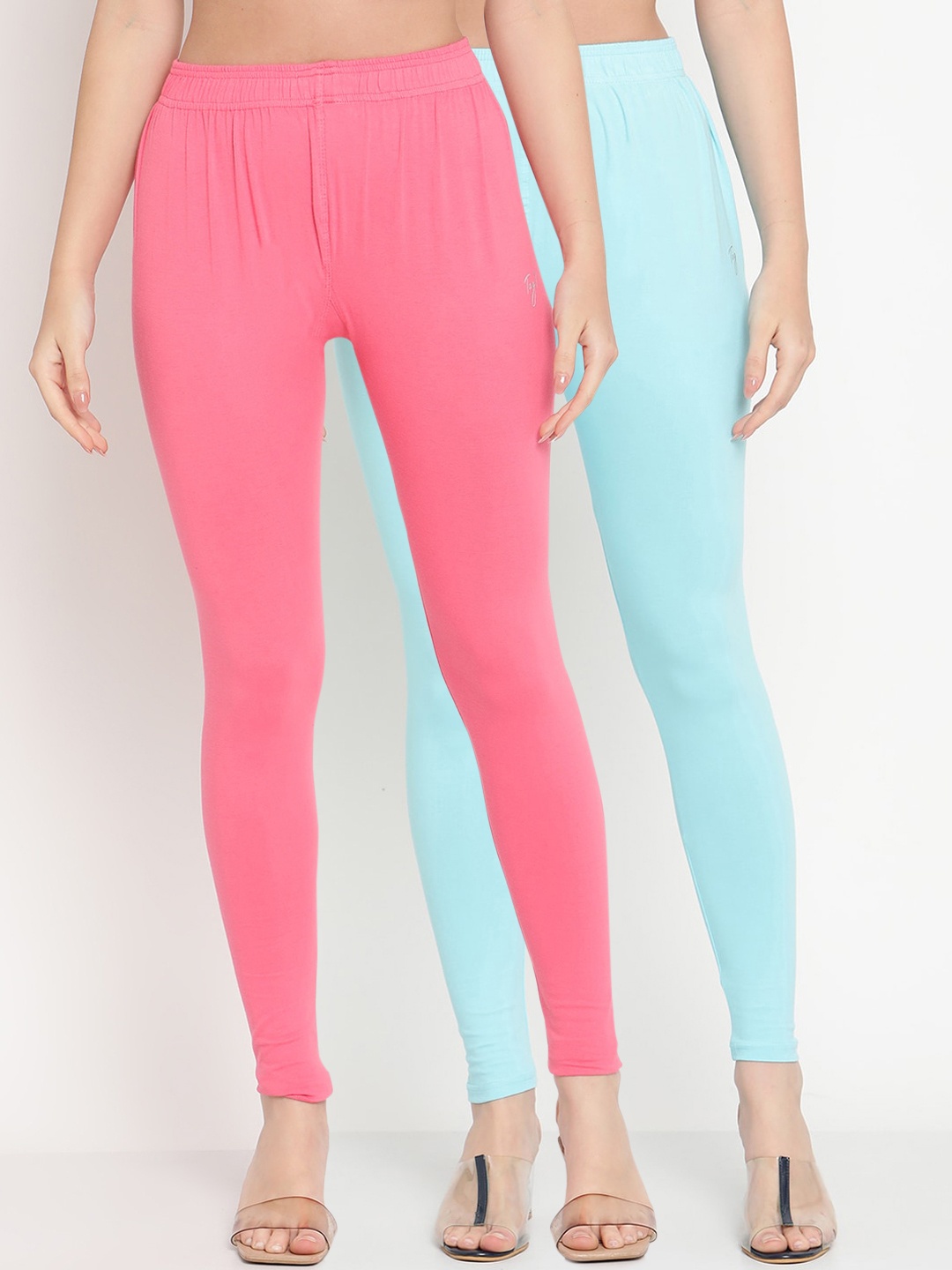 

TAG 7 Women Pack Of 2 Pink & Blue Solid Comfort-Fit Ankle-Length Leggings