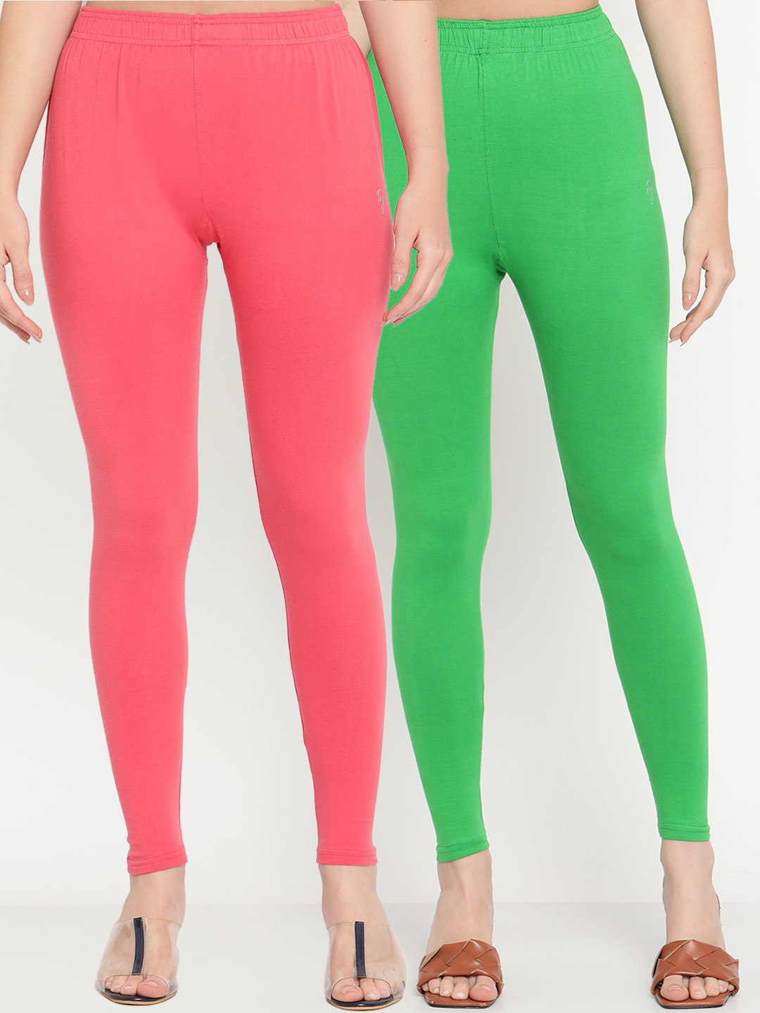 

TAG 7 Women Pack Of 2 Green & Coral Solid Comfort-Fit Ankle-Length Leggings