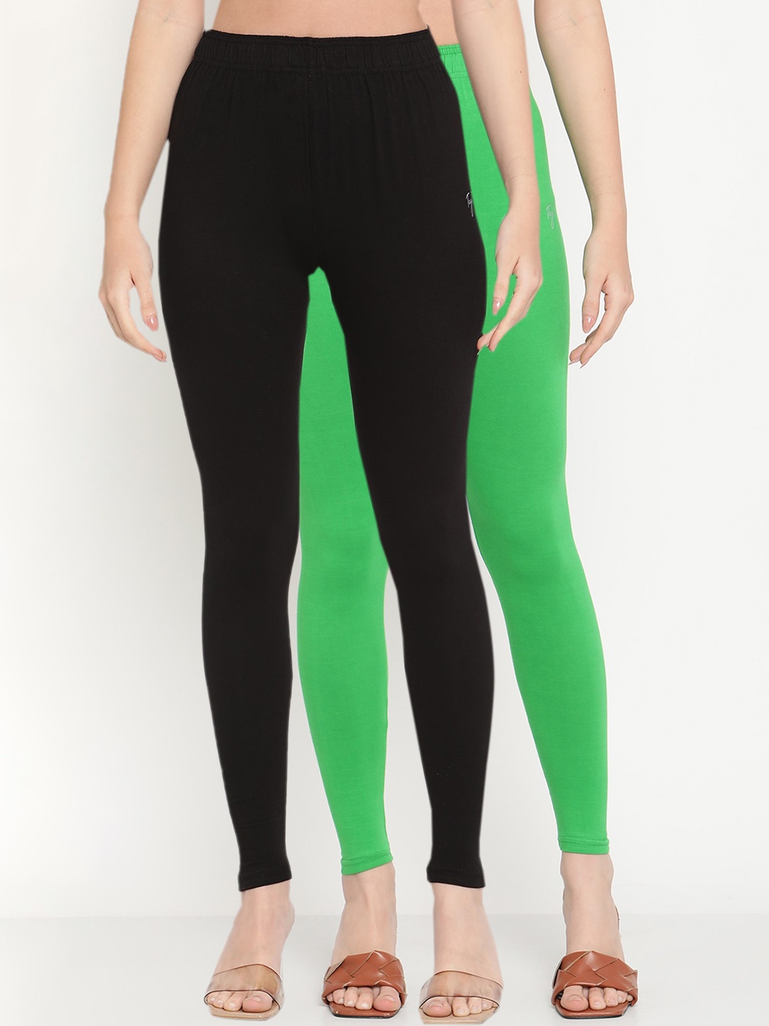 

TAG 7 Women Pack Of 2 Solid Comfort-Fit Ankle-Length Leggings 98% Cotton, Green