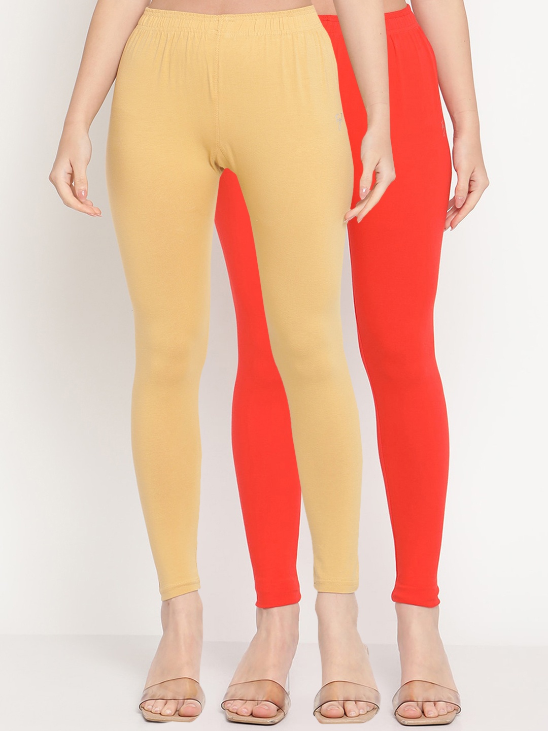 

TAG 7 Women Pack of 2 Beige & Orange Solid Comfort Fit Ankle Length Leggings