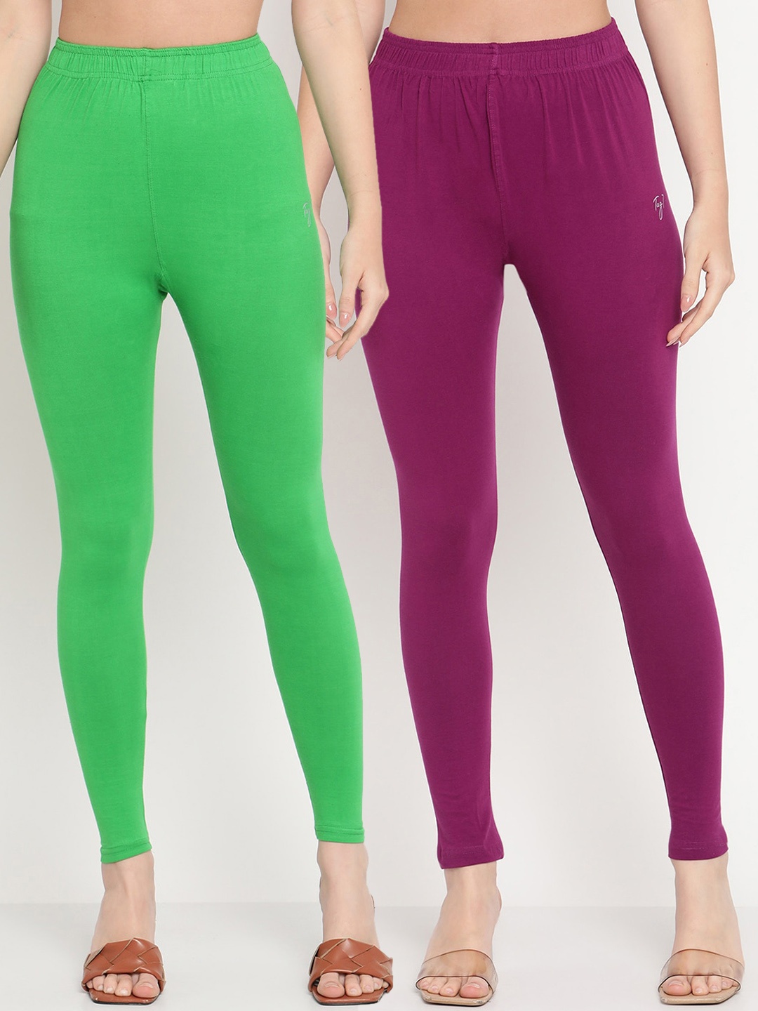 

TAG 7 Women Pack Of 2 Solid Comfort-Fit Ankle-Length Cotton Leggings, Green