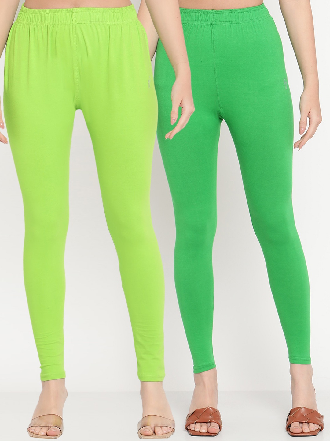 

TAG 7 Women Pack of 2 Green Solid Comfort Fit Ankle Length Leggings