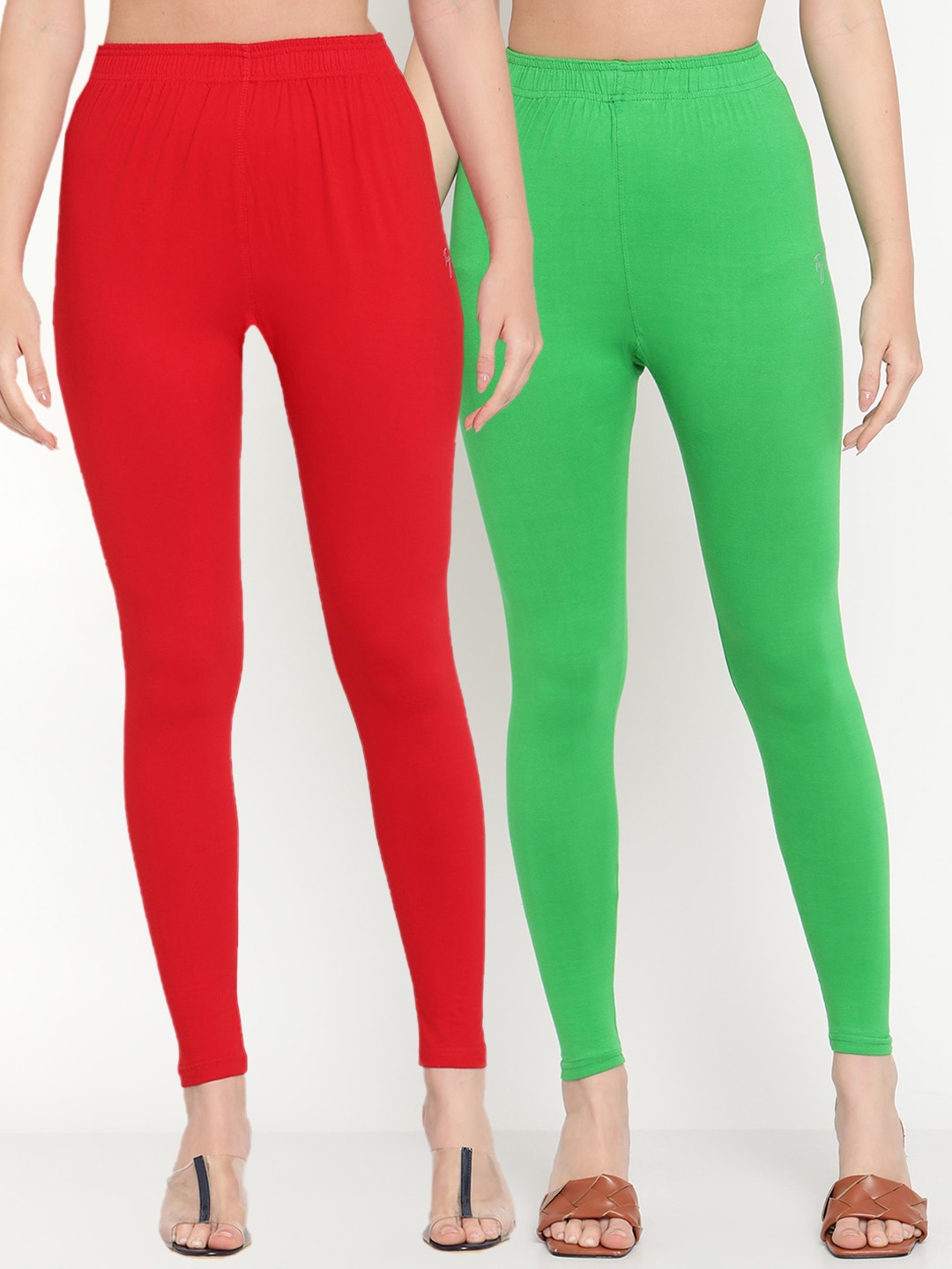 

TAG 7 Women Pack Of 2 Solid Comfort-Fit Ankle-Length Leggings, Green