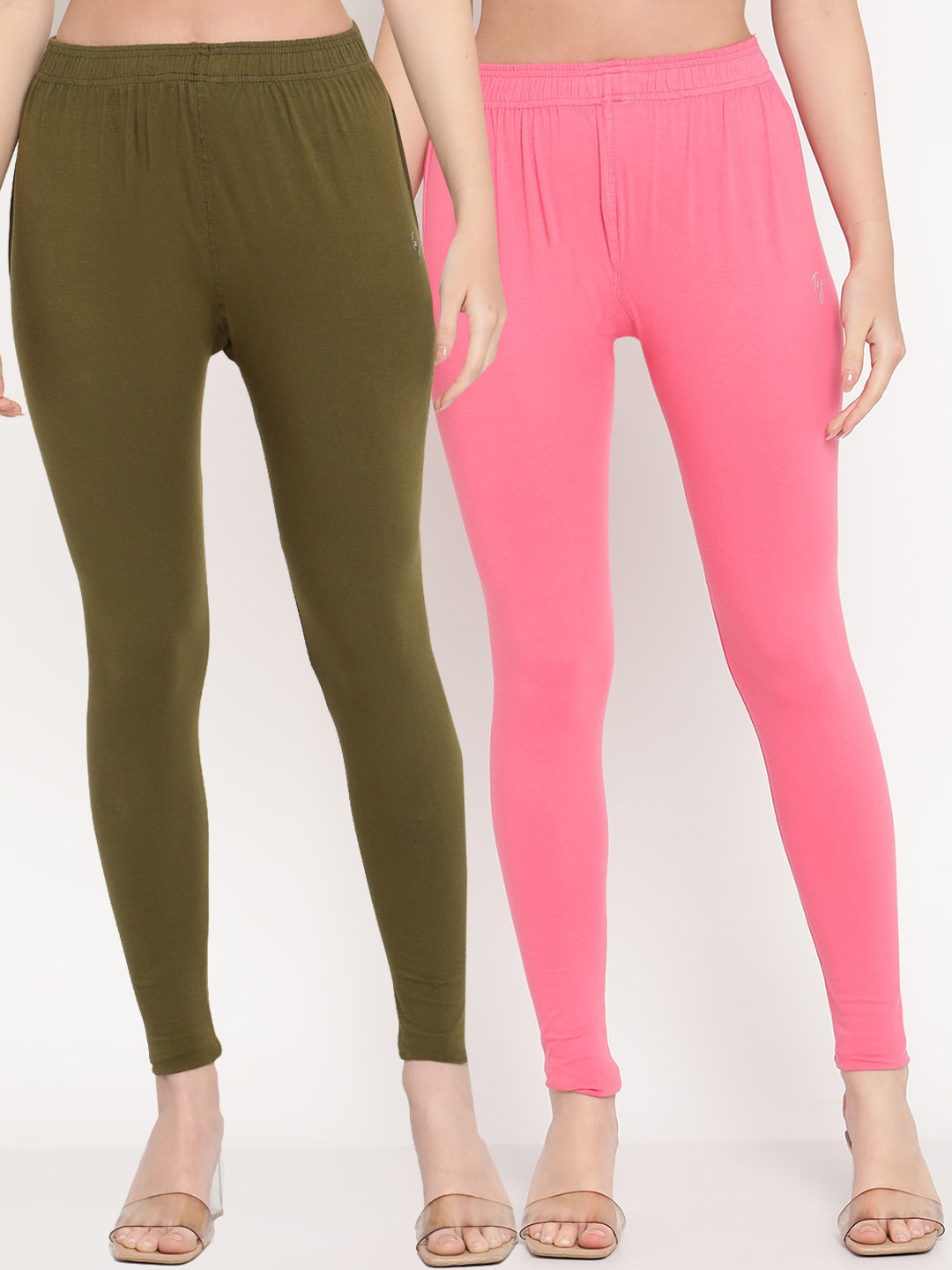 

TAG 7 Women Pack Of 2 Solid Comfort-Fit Ankle-Length Leggings, Pink