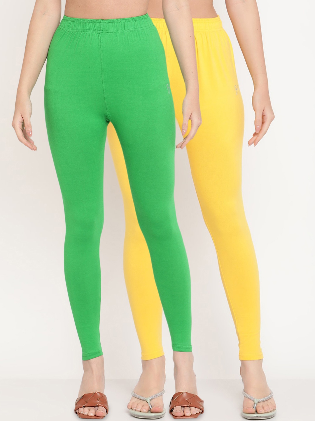 

TAG 7 Women Green & Yellow Pack Of 2 Solid Comfort-Fit Ankle-Length Leggings