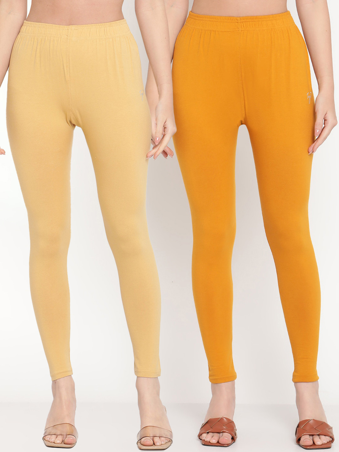 

TAG 7 Women Beige & Orange Pack Of 2 Solid Comfort-Fit Ankle-Length Leggings