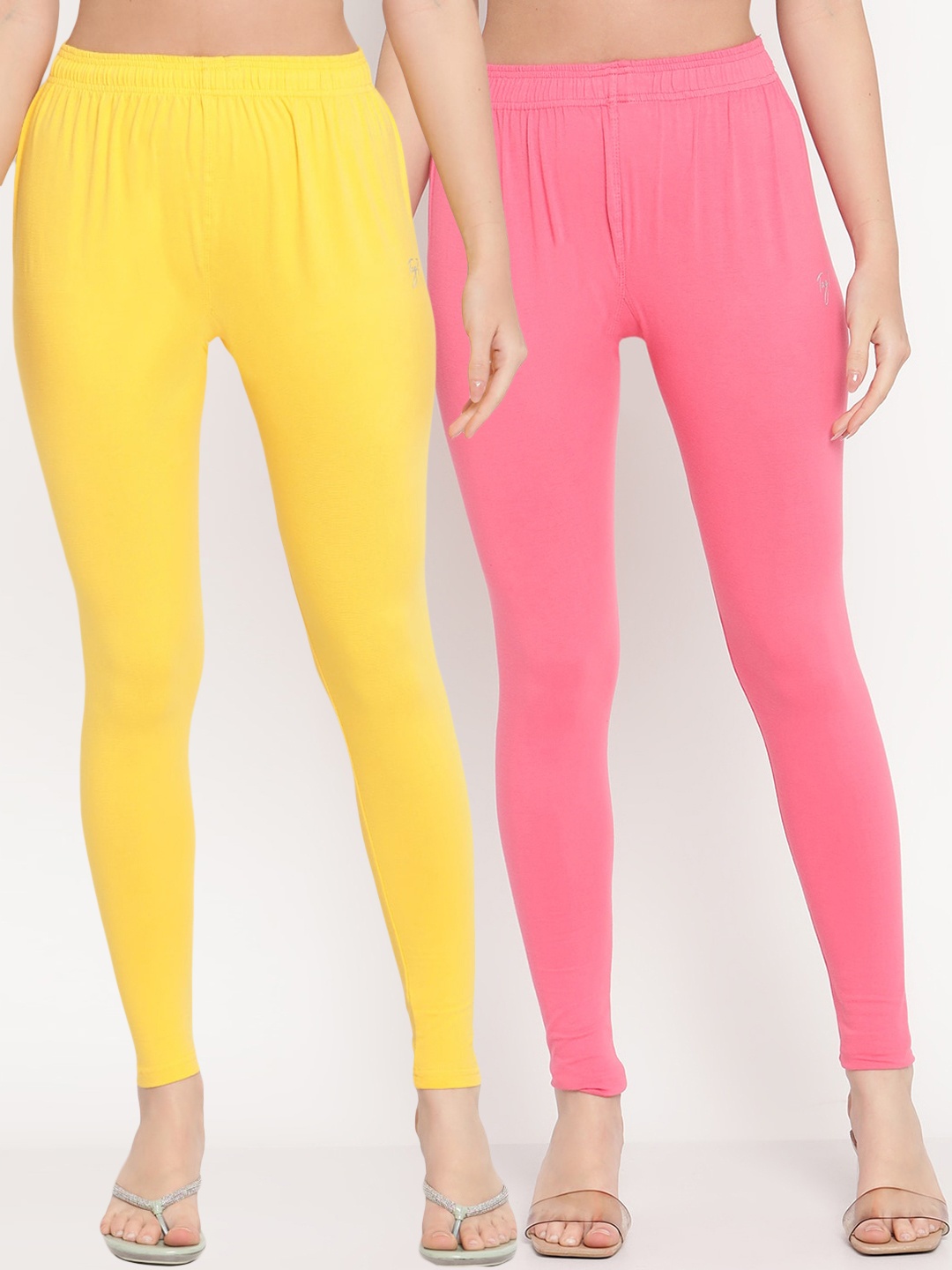 

TAG 7 Women Pink & Yellow Solid Ankle-Length Leggings Pack Of 2