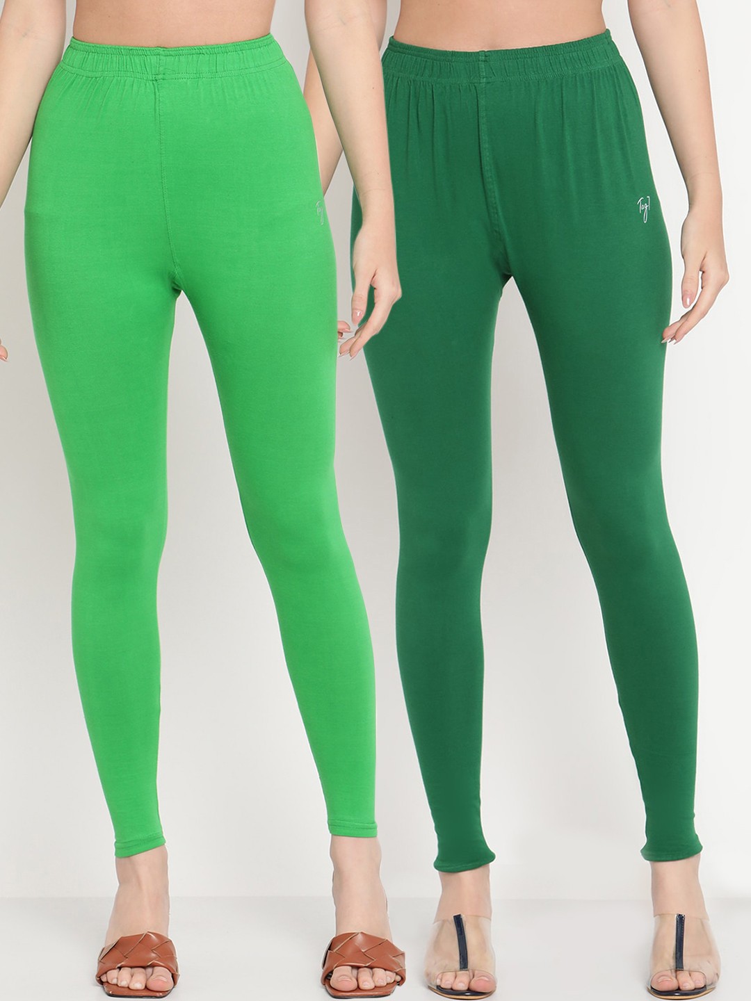 

TAG 7 Women Pack Of 2 Pink and Green Solid Comfort-Fit Ankle-Length Leggings