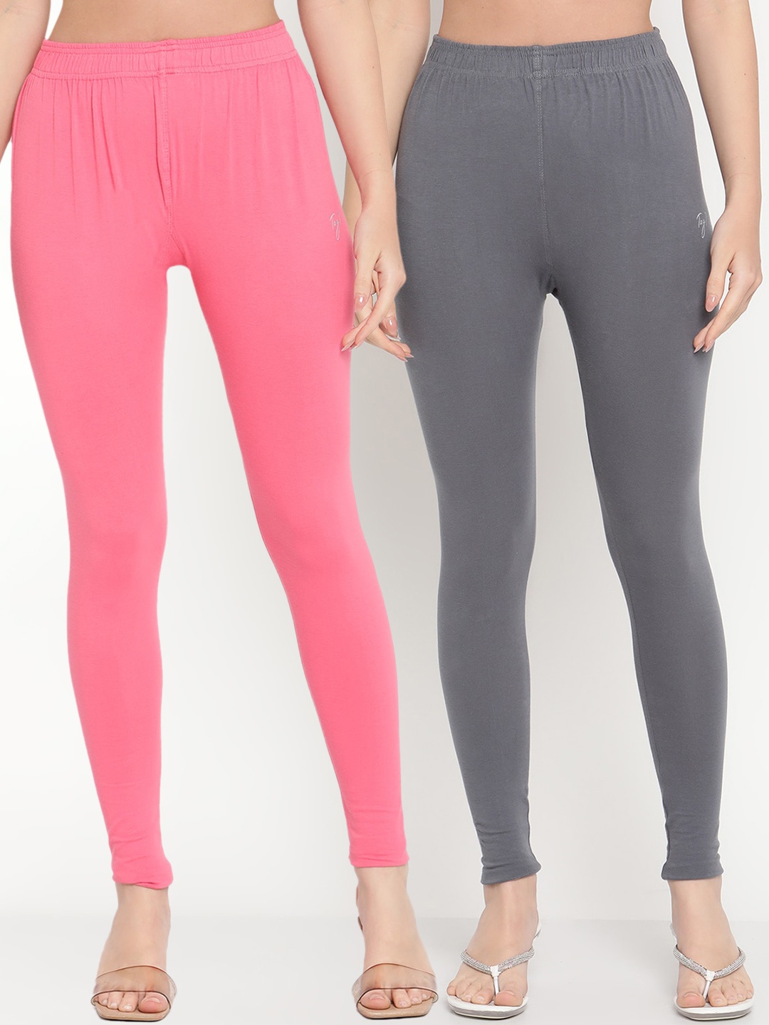 

TAG 7 Women Pack Of 2 Grey & Pink Solid Comfort-Fit Ankle-Length Leggings