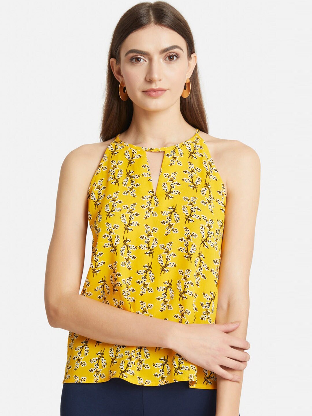 

Kazo Women Yellow Floral Print Halter Neck Top