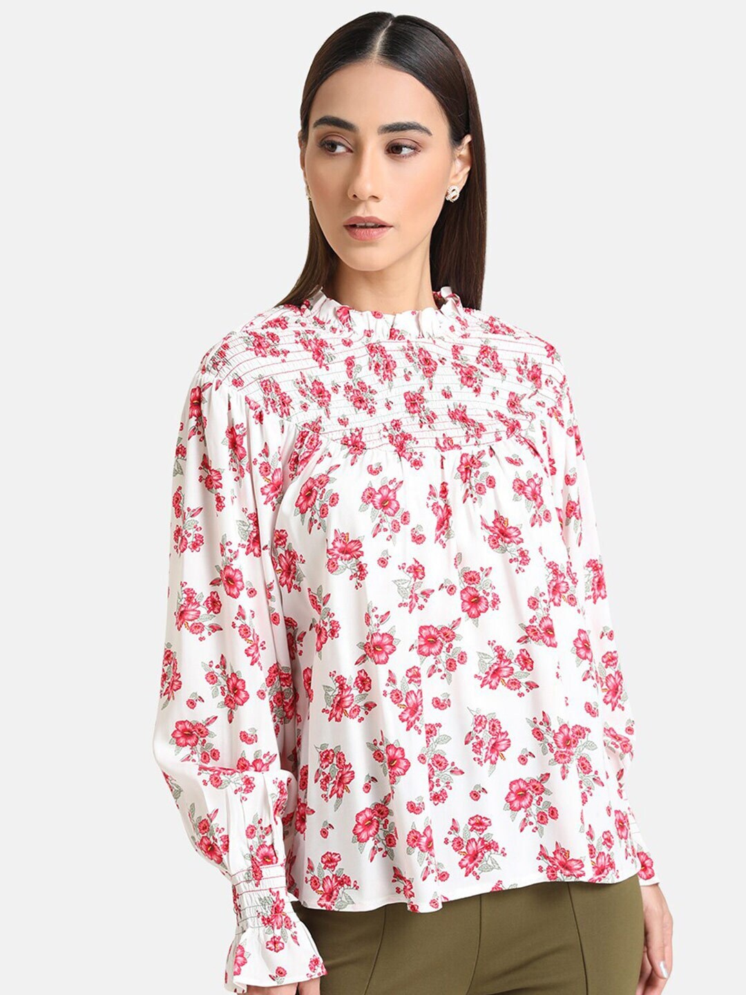 

Kazo Women White & Red Floral Print Top