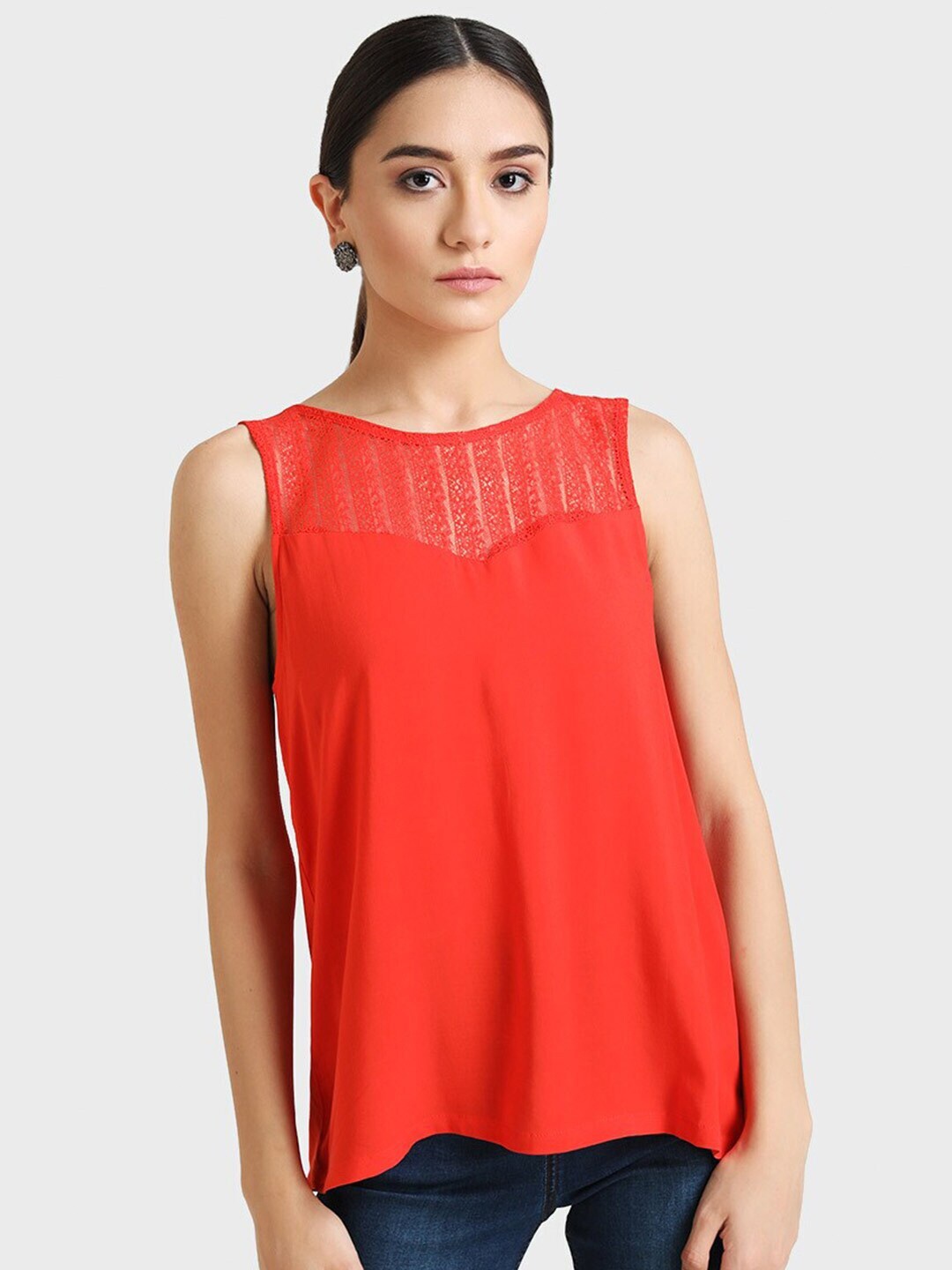 

Kazo Orange Casual Top with Lace Inserts Detail