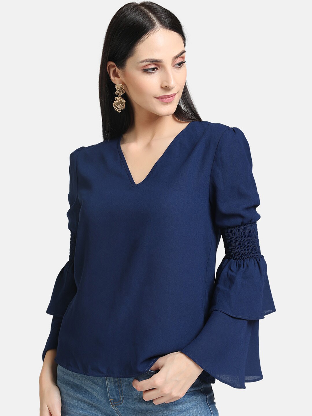 

Kazo Blue Solid V-Neck Bell Sleeves Regular Top