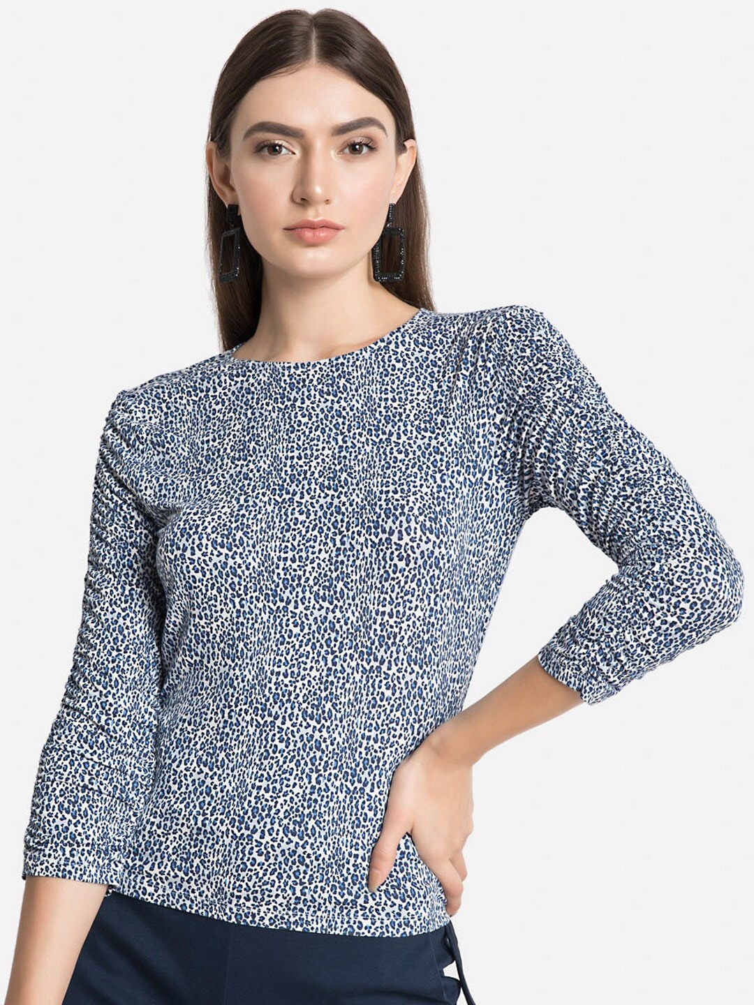 

Kazo Blue Animal Print Round Neck Regular Top