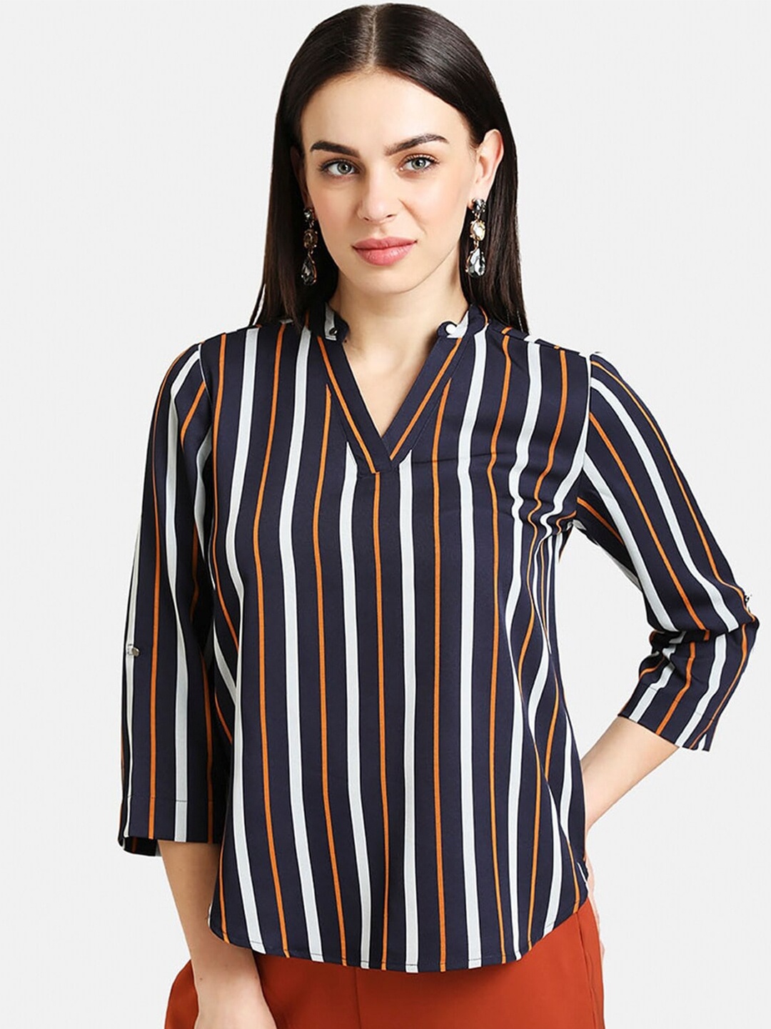 

Kazo Navy Blue Striped Print Mandarin Collar Top