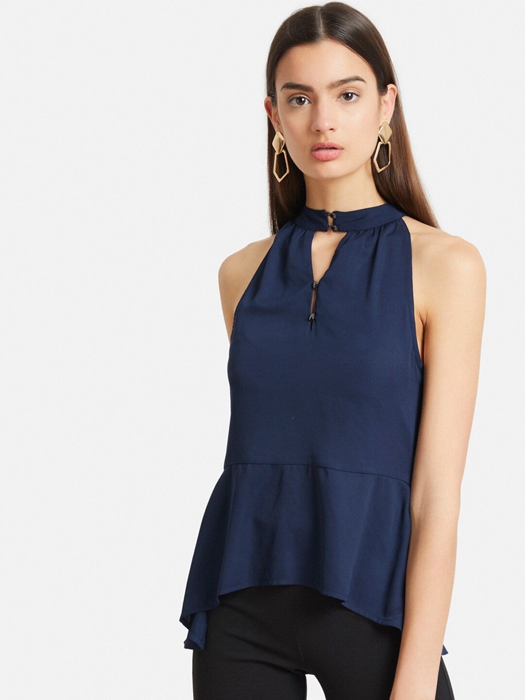 

Kazo Navy Blue Solid Keyhole Neck A-Line Top