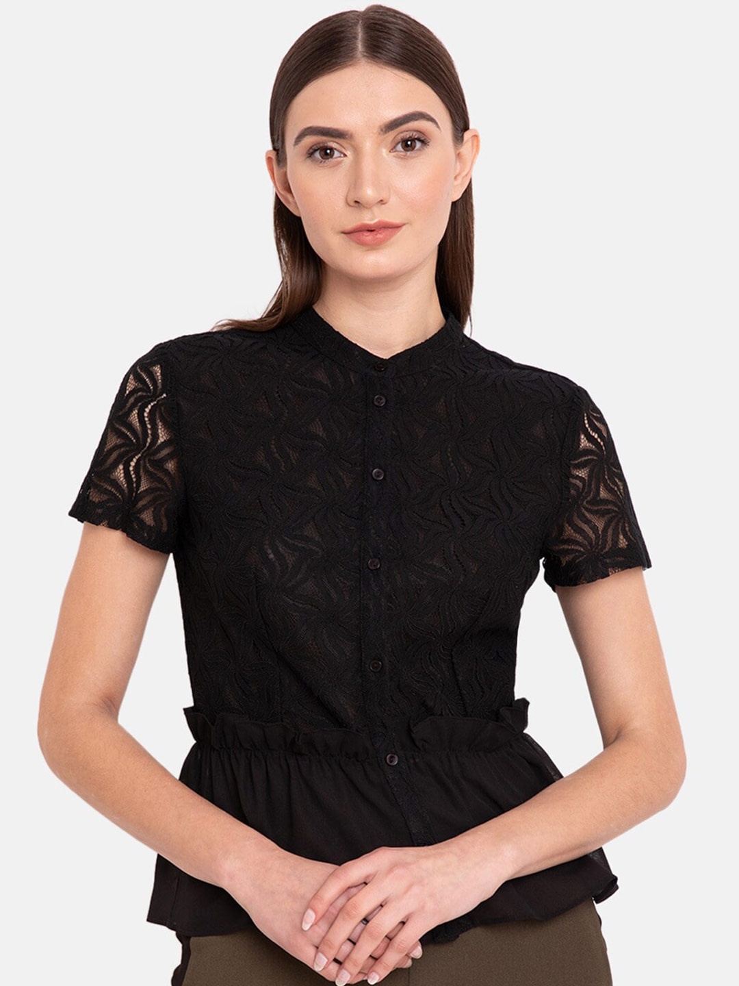 

Kazo Women Black Mandarin Collar Peplum Top