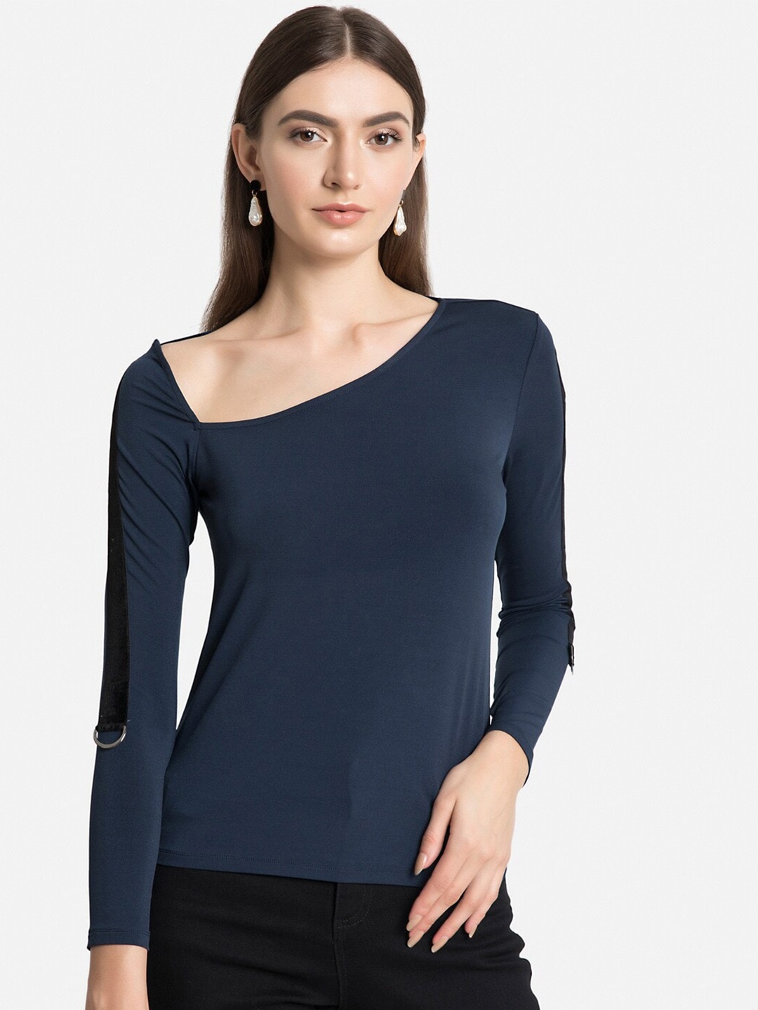 

Kazo Women Navy Blue Asymmetric neck Top